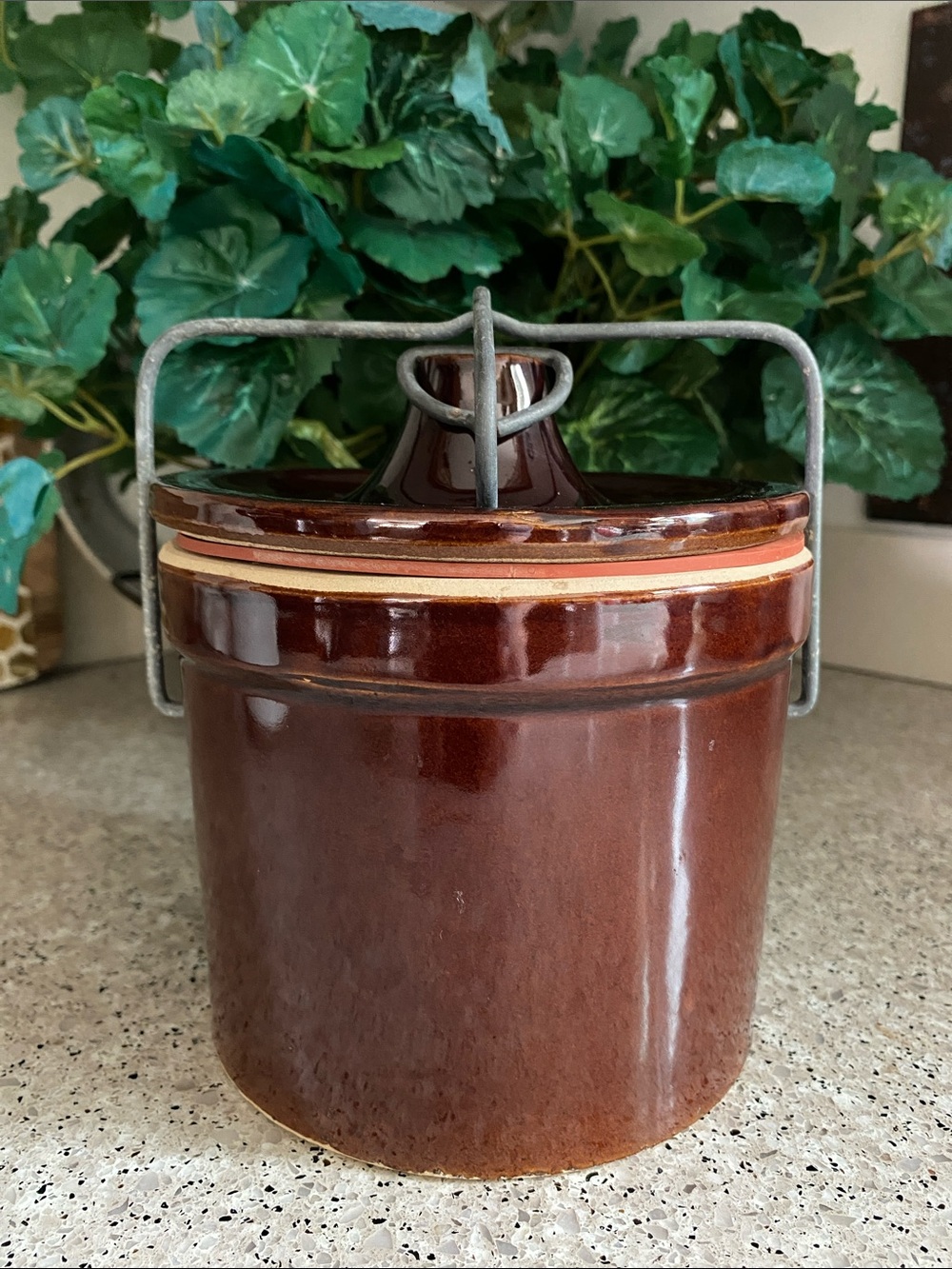Vintage Brown Glazed Lidded Stoneware Cheese/Butter Crock w/Wire Bail & Gasket